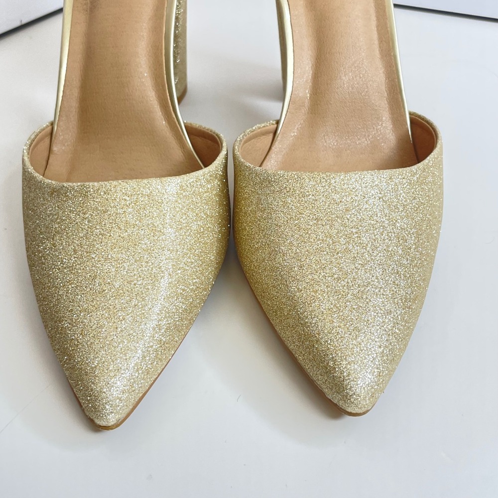 IDIFU Womens Gold Glitter Pointed Toe Ankle Strap Block Heel Pumps Shoes Size 10 - Picture 2 of 7